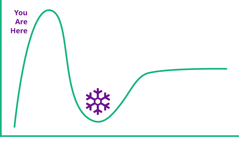 The Gartner hype cycle with "You Are Here" near the peak and a snow flake in the dip. The Gartner hype cycle with "You Are Here" near the peak and a snow flake in the dip.
